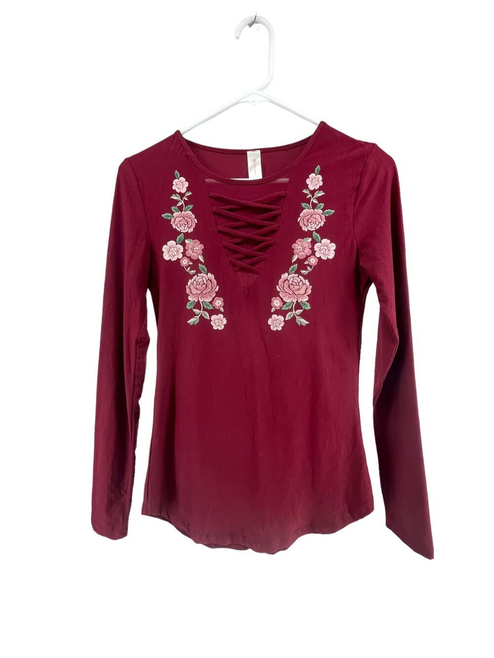 No Boundaries Burgundy Floral Strappy Blouse Junior's Size Small 3-5